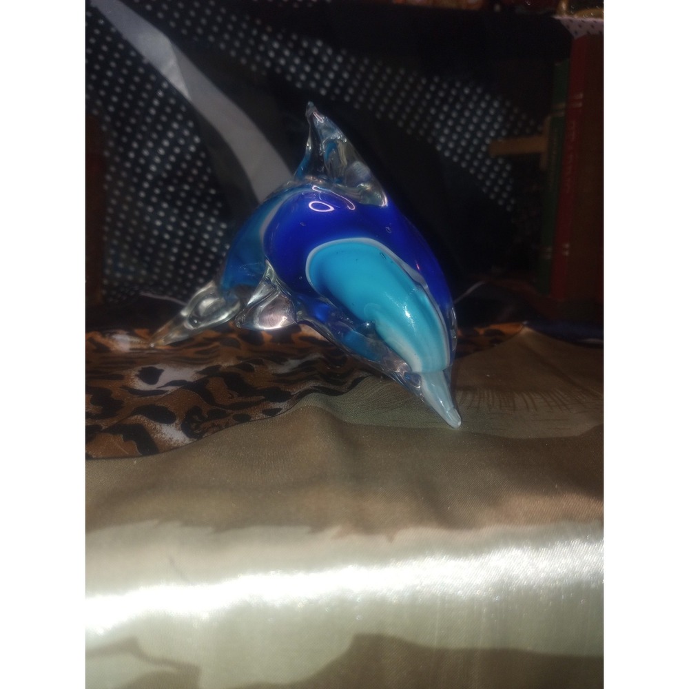 Hand Blown Glass Dolphin Paperweight Blue Multicolor‎ Unmarked